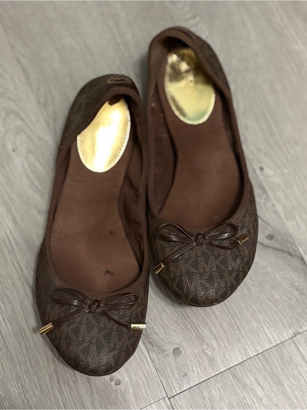 Michael Kors Brown Logo Ballet Flats with Bow Accent
